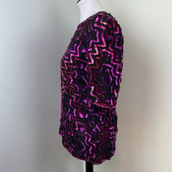Vintage Silk & Sequin Short Sleeve Party Blouse Medium Cocktail NYE - Picture 6 of 8